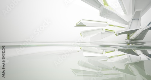 Fototapeta Naklejka Na Ścianę i Meble -  Abstract architectural white and glass gradient color interior of a minimalist house with water. 3D illustration and rendering.