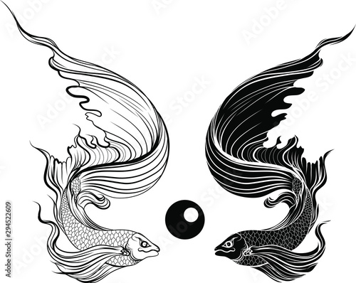 Hand drawn and Silhouette beautiful siamese fighting fish.Thai beautiful fish tatoo.infinity asian fish.
