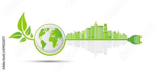 Ecology and Environmental Concept,Earth Symbol With Green Leaves Around Cities Help The World With Eco-Friendly Ideas