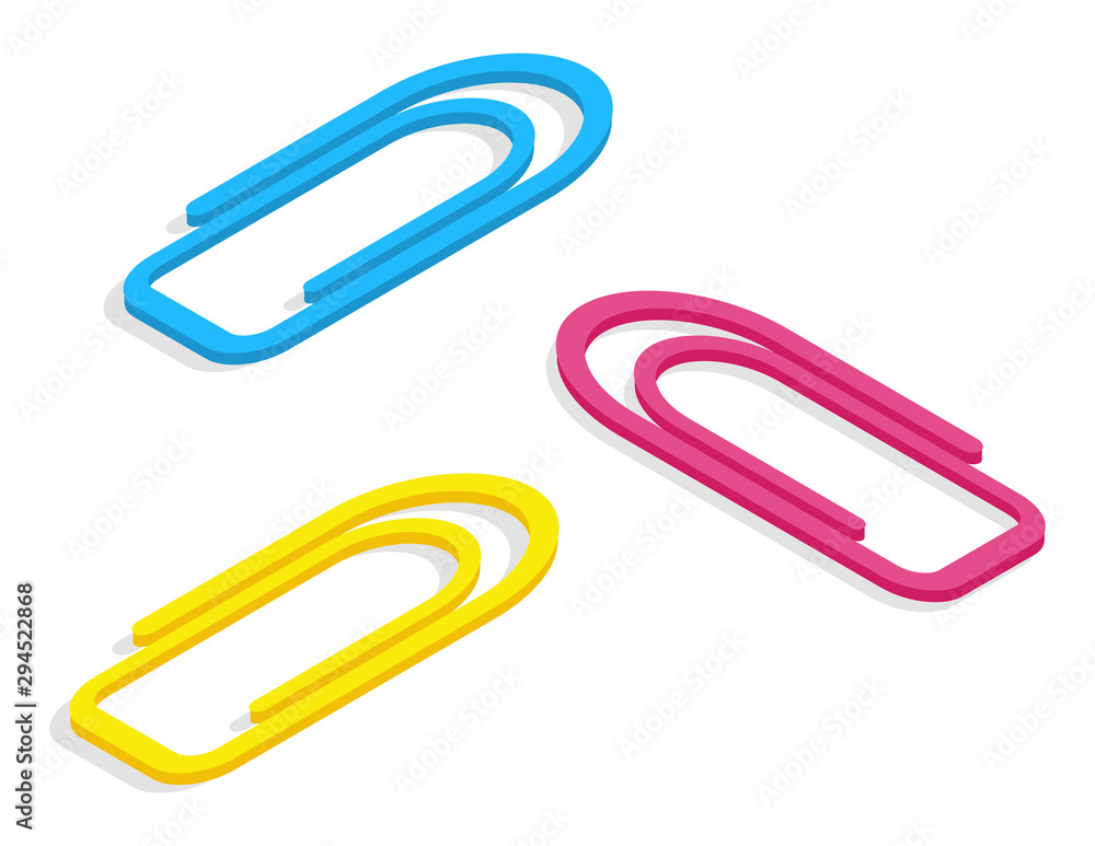 Paperclip is used to hold sheets of paper together and have looped shape. Clips in flat style covered in color plastic and isolated on white. Back to school concept. Flat cartoon isometric 3d Paperclip is used to hold sheets of paper together and have looped shape. Clips in flat style covered in color plastic and isolated on white. Back to school concept. Flat cartoon isometric 3d