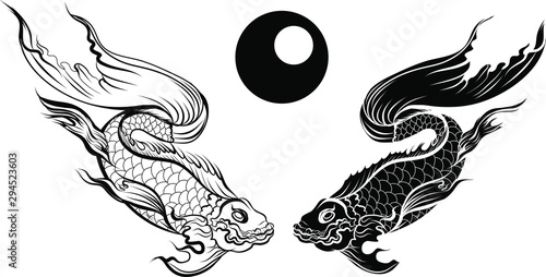 Hand drawn and Silhouette beautiful siamese fighting fish.Thai beautiful fish tatoo.infinity asian fish.
