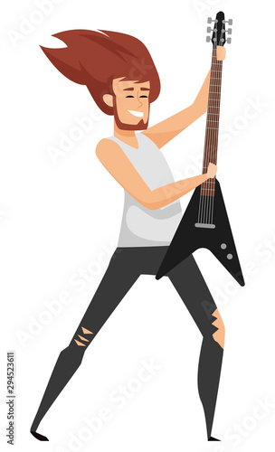 Man musician holding guitar, smiling male with beard holding instrument, rock guitarist with musical equipment, hard music performance, hobby. Vector illustration in flat cartoon style