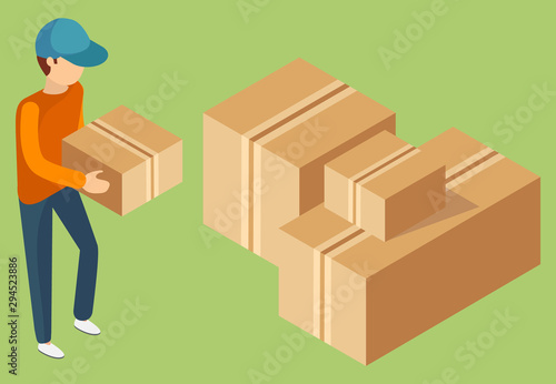 Delivery service worker wearing uniform carrying cardboard box. Isometric carton container, closed parcel, packaging. Transportation and moving. Vector illustration in flat cartoon style