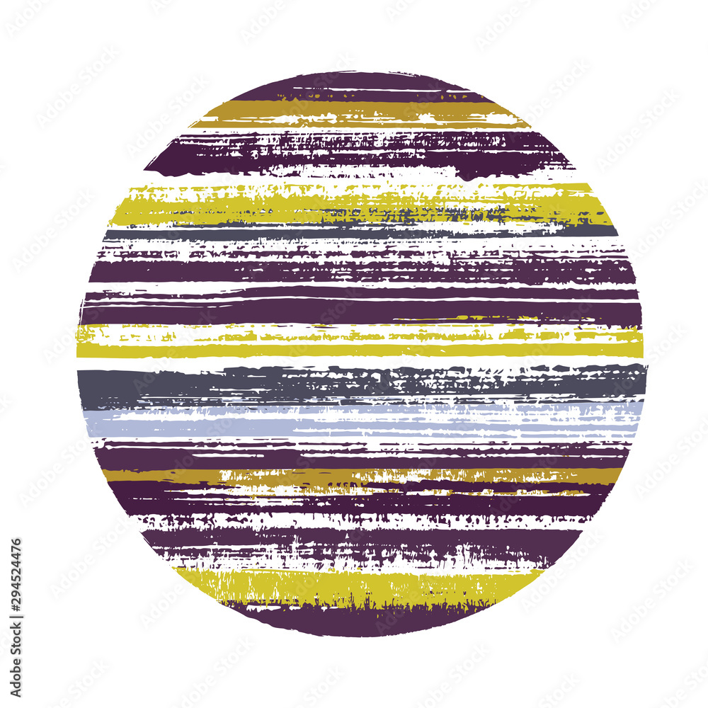 Ragged circle vector geometric shape with striped texture of paint horizontal lines. Old paint texture disc. Label round shape circle logo element with grunge background of stripes.