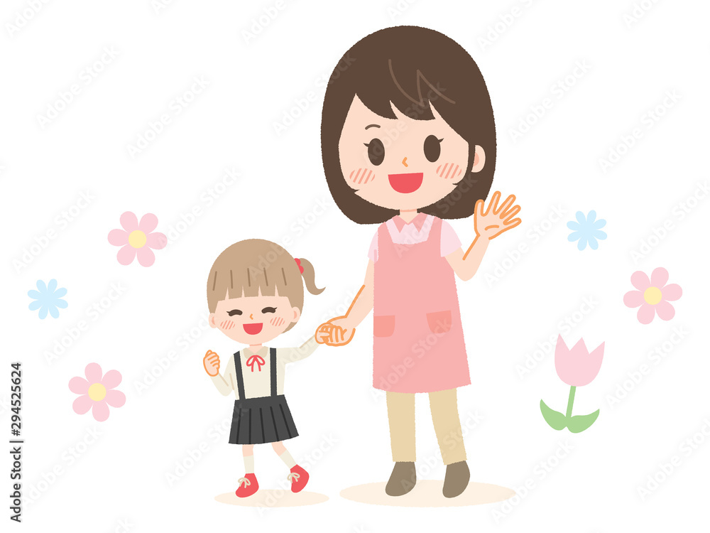 Illustration of kindergarten and teacher holding hands Illustration of kindergarten and teacher holding hands