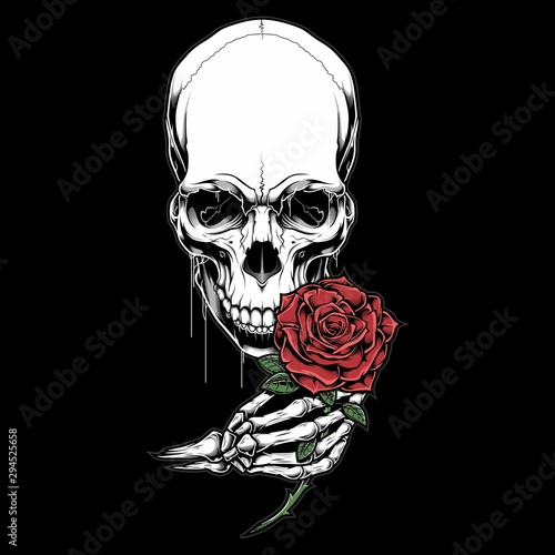 skull head holding a rose,.vector hand drawing,Shirt designs, biker, disk jockey, gentleman, barber and many others.isolated and easy to edit. Vector Illustration