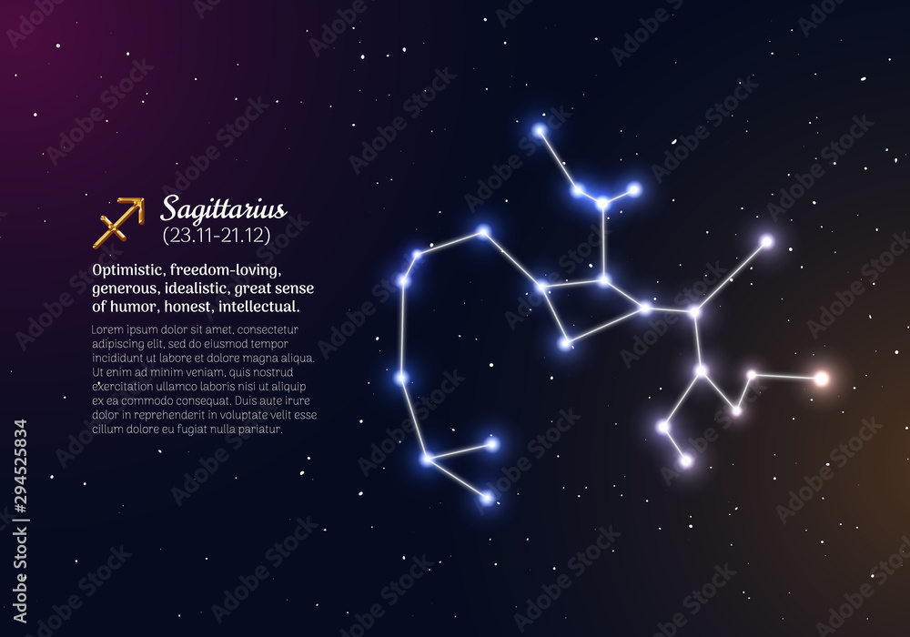 Sagittarius zodiacal constellation with bright stars. Sagittarius star sign  and dates of birth on deep space background. Astrology horoscope with  unique positive personality traits vector illustration Stock Vector | Adobe  Stock