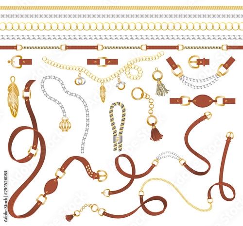 Isolated set of golden and silver jewelry. Fashion necklaces. Decoration for clothes chain belts with charms and leather tassels elements, chains braid for fabric design. Vector luxury accessories