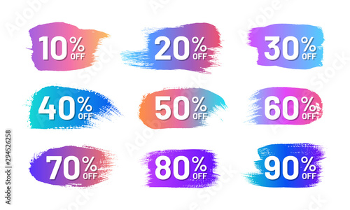 Colorful retail labels set in shape of paintbrush stroke. From 10 to 90 percent off stickers. Flat gradient design isolated on white background. Commercial advertisement and promotion campaign.