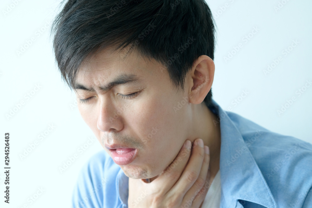 Men with cough, men with thyroid disease and acid reflux disease Nausea vomiting on white background health and Medical concept Men with cough, men with thyroid disease and acid reflux disease Nausea vomiting on white background health and Medical concept