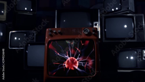Plasma Ball on a Retro TV that Explodes. Blue Dark Tone. Zoom In. photo