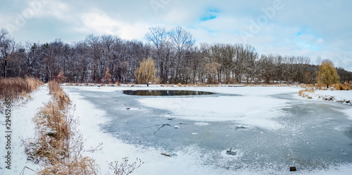 Frozen icy lake at Quarry Hill Nature Center, Rochester, Minnesota