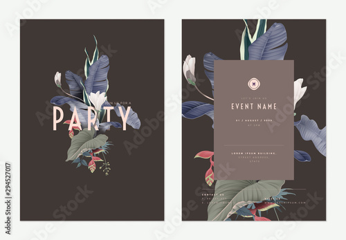Event invitation card template design, various flowers and leaves art collage, brown tones