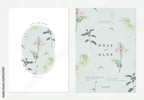 Flowers and foliage wedding invitation card template design, peacock flowers and various green leaves on light blue