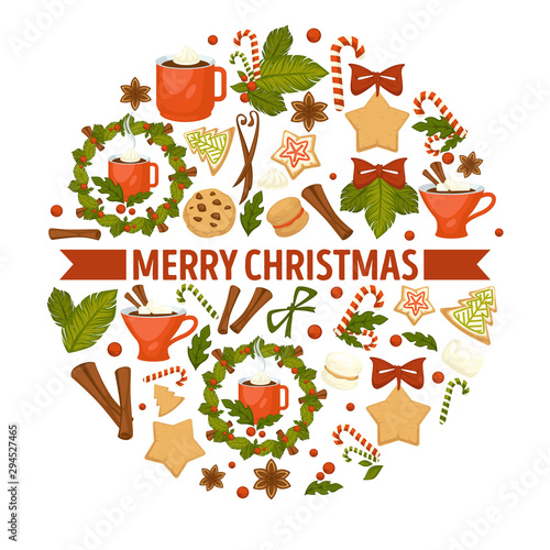 Christmas holiday cookies and cocoa with marshmallow, brownies and tea