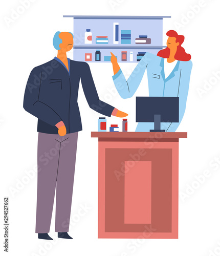 Pharmacy or drugstore, elderly man and pharmacist, pills buying