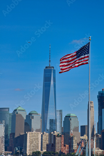USA Flag with New York City in the Background inlcuding Freedom Tower