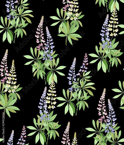 Beautiful lupines on a black background. Seamless floral pattern.