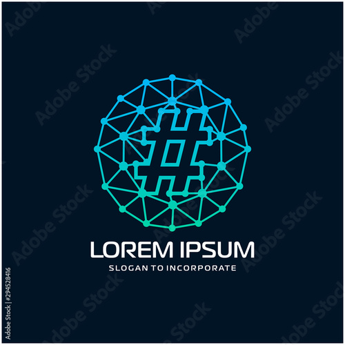 hashtag in circle with network concept. circuit concept. technology digital logo template - vector