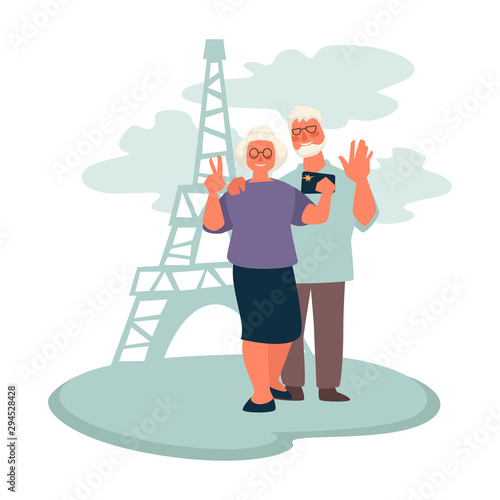 Elderly couple traveling to Paris, grandparents taking selfie with Eiffel tower