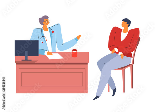 Patient at doctor office, therapist with stethoscope, medicine and healthcare