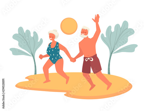Elderly couple on beach enjoying retirement, summer vacation