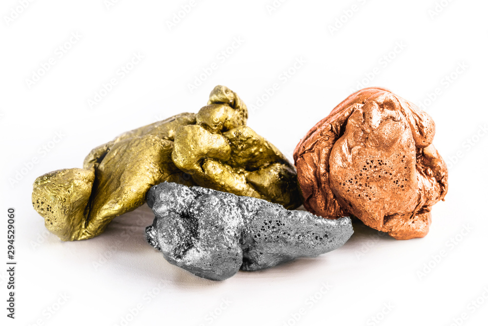 group of precious stone gold silver bronze on white background, rough stones, mining and valuable stones. Mining Concept.