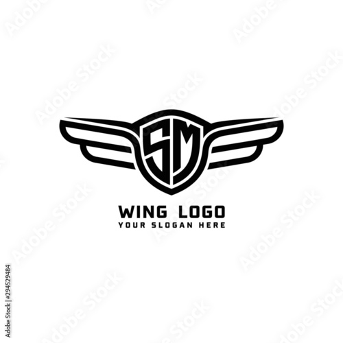 SM initial logo wings, abstract letters in the middle of black