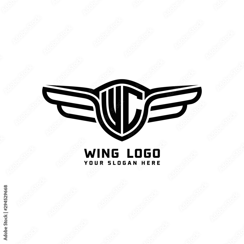 Fototapeta premium WC initial logo wings, abstract letters in the middle of black