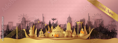 Thailand Travel postcard panorama, poster, tour advertising of world famous landmarks of Thailand in paper cut style. Vector illustration.
