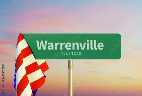 Warrenville – Illinois. Road or Town Sign. Flag of the united states. Sunset oder Sunrise Sky. 3d rendering photo