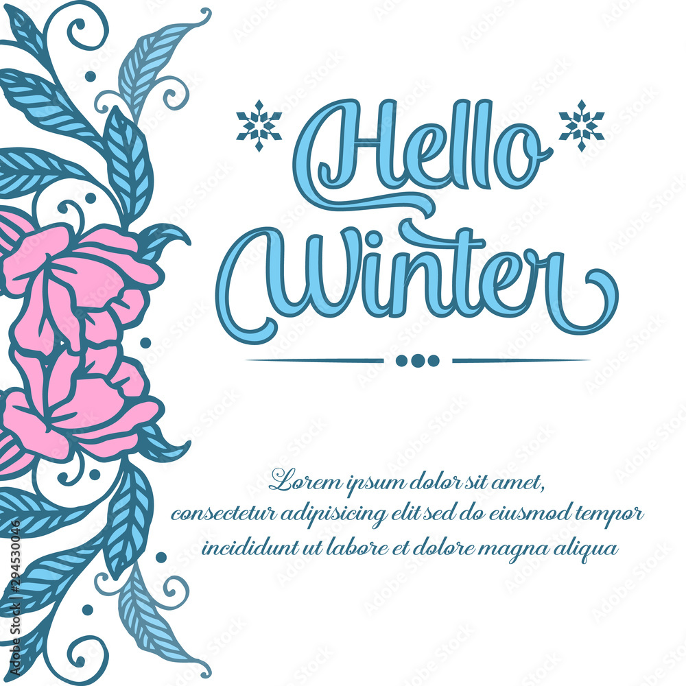 Template lettering of hello winter, with feature of pink wreath frame. Vector Template lettering of hello winter, with feature of pink wreath frame. Vector