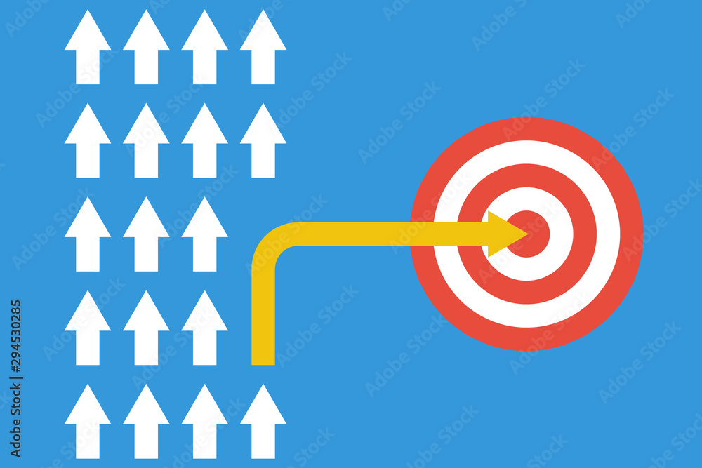 white arrows group in one direction and yellow arrow with different way, business innovations or new strategy vector concept white arrows group in one direction and yellow arrow with different way, business innovations or new strategy vector concept