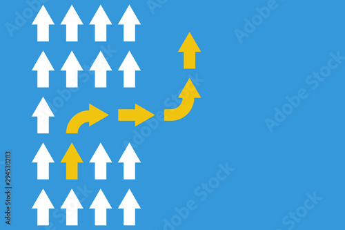 white arrows group in one direction and yellow arrow with different way, business innovations or new strategy vector concept