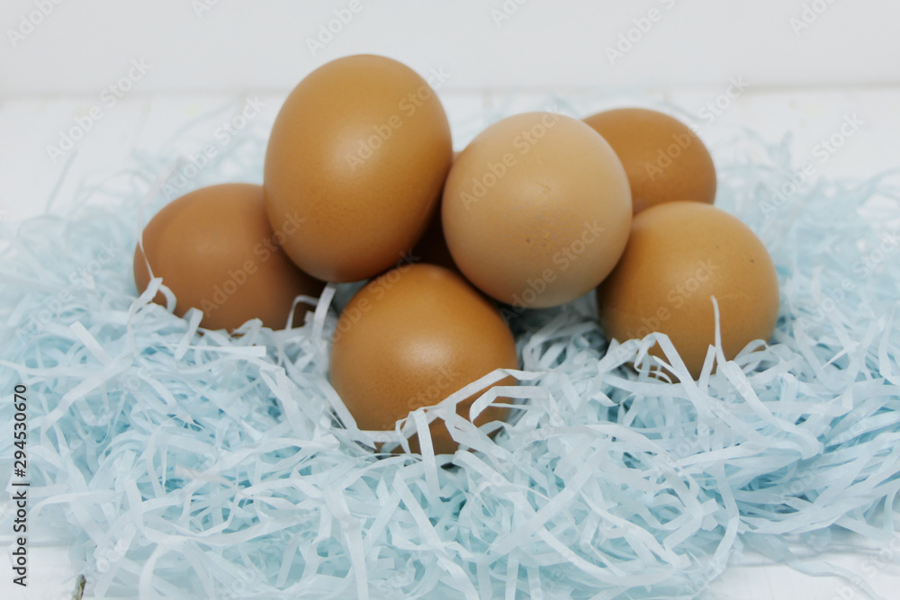 Group of chicken eggs in a nest of thinly cut decorative blue paper with white background. Group of chicken eggs in a nest of thinly cut decorative blue paper with white background.