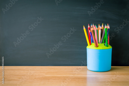 Education concept back to school on blackboard background. Wooden floor with  copy space for art work design ad or add text message.