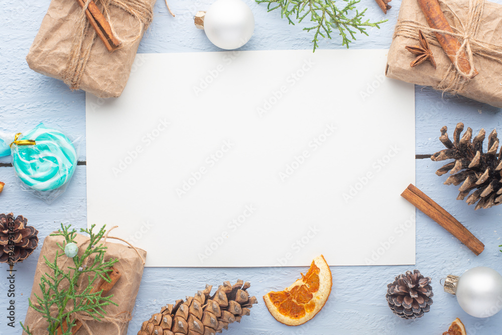 Christmas or New Year composition with gifts, top view with blank card, mock up Christmas or New Year composition with gifts, top view with blank card, mock up
