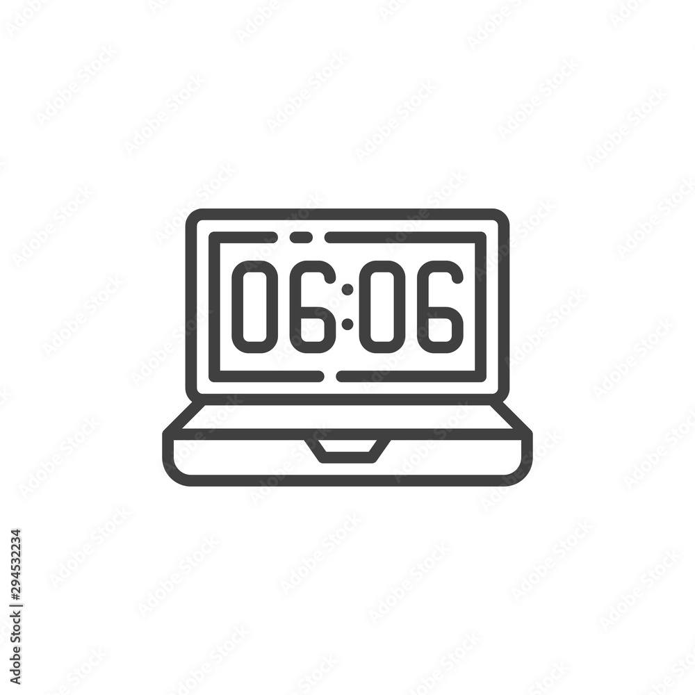 Laptop clock time line icon. linear style sign for mobile concept and web design. Computer time screen outline vector icon. Symbol, logo illustration. Vector graphics Laptop clock time line icon. linear style sign for mobile concept and web design. Computer time screen outline vector icon. Symbol, logo illustration. Vector graphics