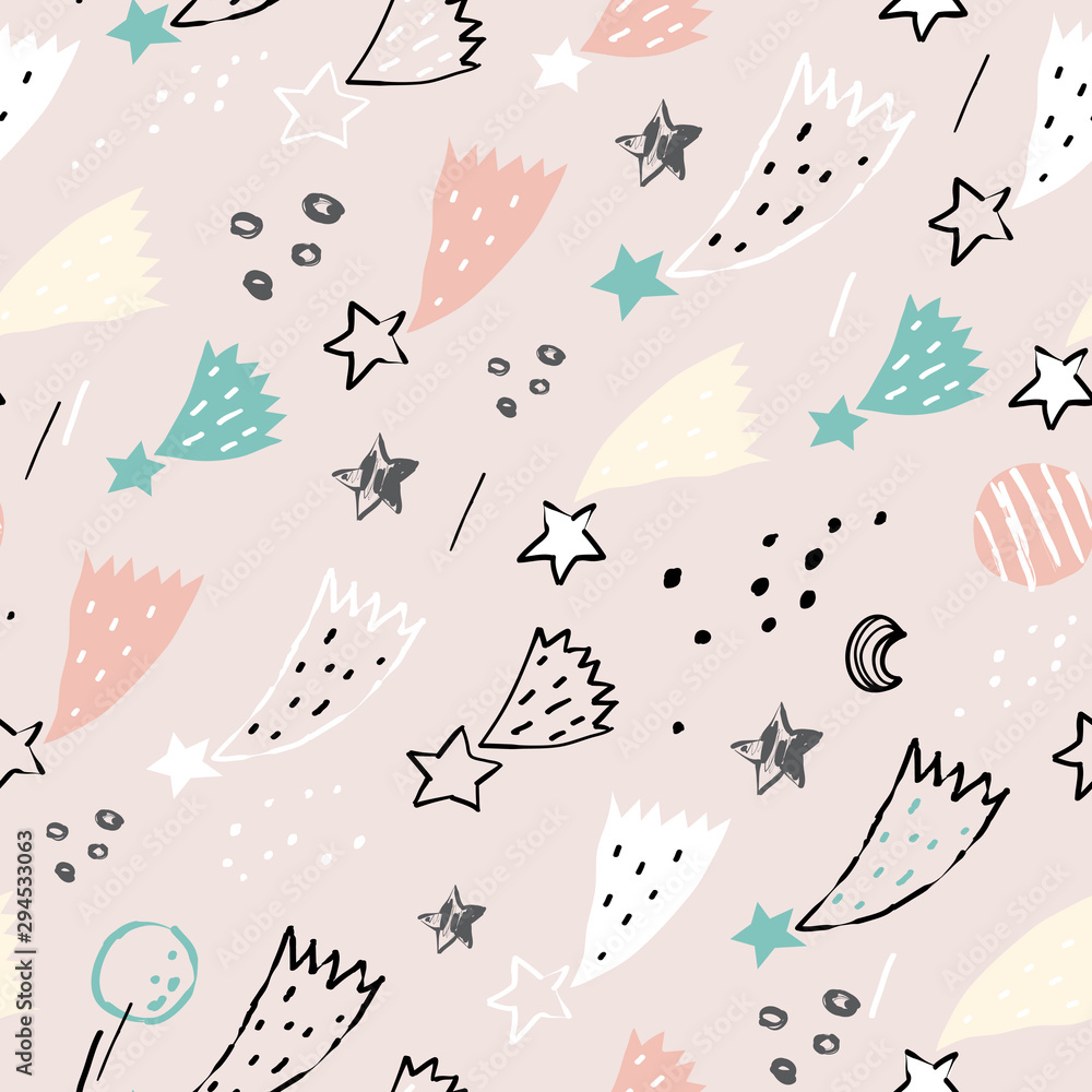 Cute seamless pattern with pink, green and white starfall. Ornament for gift wrapping paper, textile, surface textures, childish design. Vector Illustration.