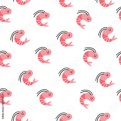 Marine vector seamless pattern with shrimp. Doodle style  hand drawn. Item for your design.