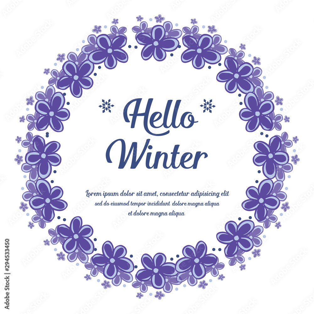 Fototapeta premium Pattern of card hello winter, with sketch art of purple flower frame. Vector