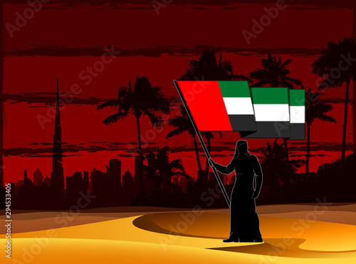 Anniversary banner UAE National flag. illustration 48 UAE National day, Spirit of the union, United Arab Emirates. Design Celebration Abu Dhabi 48 Independence day greeting card with city silhouette.