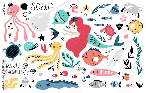 Big marine vector set of graphic elements for children's design. Doodle style, hand drawn. Marine animals and plants, mermaid, inscriptions.