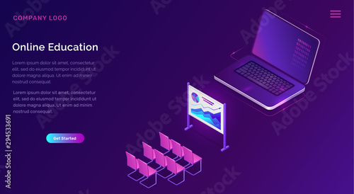 Online education or training isometric concept vector illustration. Open laptop, growth chart poster and seats on purple banner, landing web site page for distance educational courses