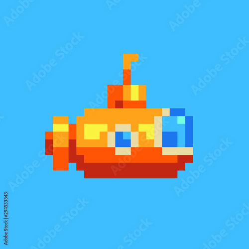 Yellow submarine pixel art icon, design for logo, sticker, mobile app, isolated vector illustration on white background. Game assets 8-bit sprite.