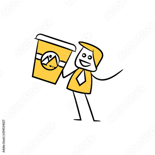 marketer or businessman holding coffee cup for branding design yellow stick figure design