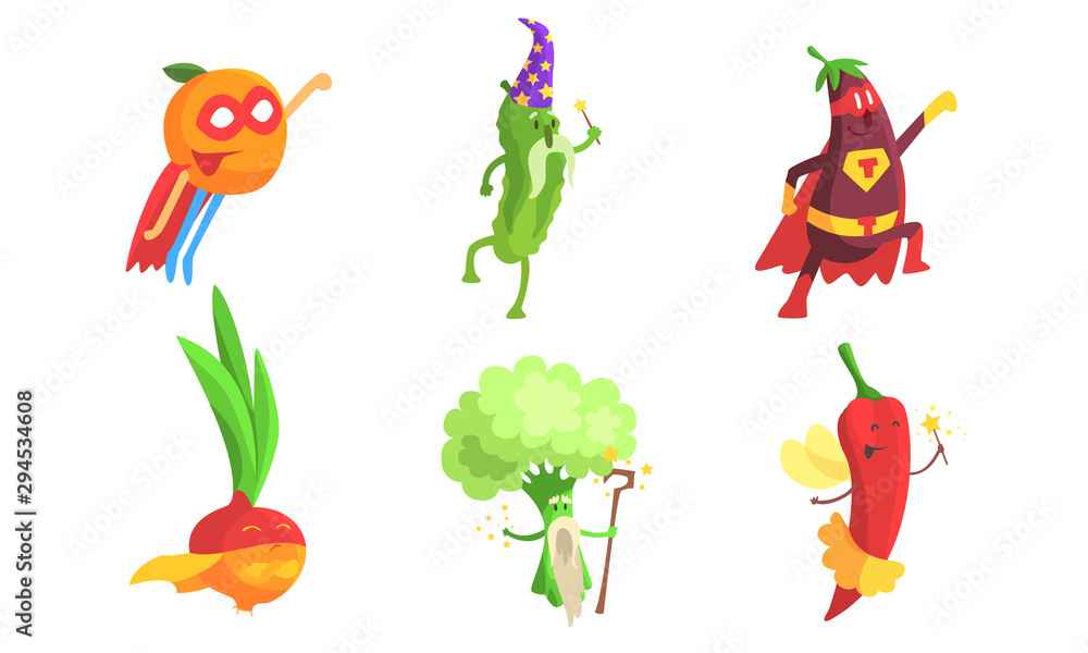 Obraz premium Funny Fruits and Vegetables Characters Wearing Wizard and Superhero Costume Set, Orange, Cucumber, Eggplant, Onion, Broccoli, Hot Chilli Pepper Vector Illustration
