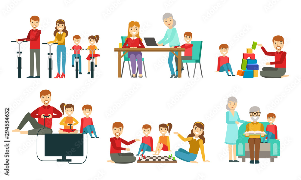 Happy Family Having Good Time Together Set, Grandparents, Parents and Children Riding Bikes, Playing Chess, Computer Games and Toy Cubes, Reading Vector Illustration