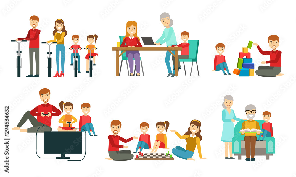 Happy Family Having Good Time Together Set, Grandparents, Parents and Children Riding Bikes, Playing Chess, Computer Games and Toy Cubes, Reading Vector Illustration Happy Family Having Good Time Together Set, Grandparents, Parents and Children Riding Bikes, Playing Chess, Computer Games and Toy Cubes, Reading Vector Illustration