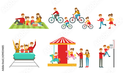Happy Family Having Good Time Together Set  Parents and They Children Rollerblading  Riding Bikes  Having Picnic  Riding Roller Coaster  Playing Basketball Vector Illustration